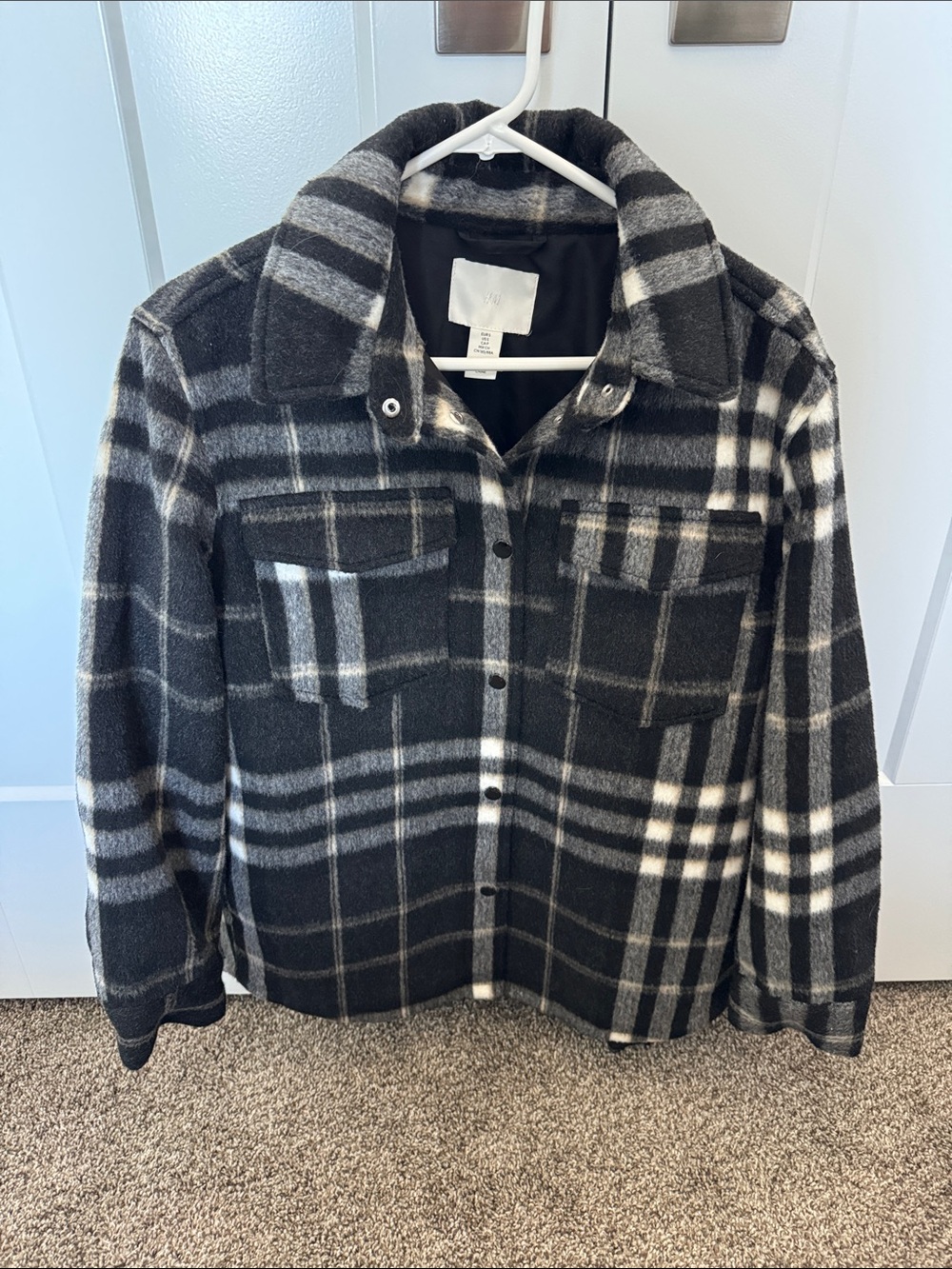 H&M Black and Gray Plaid Coat for Women